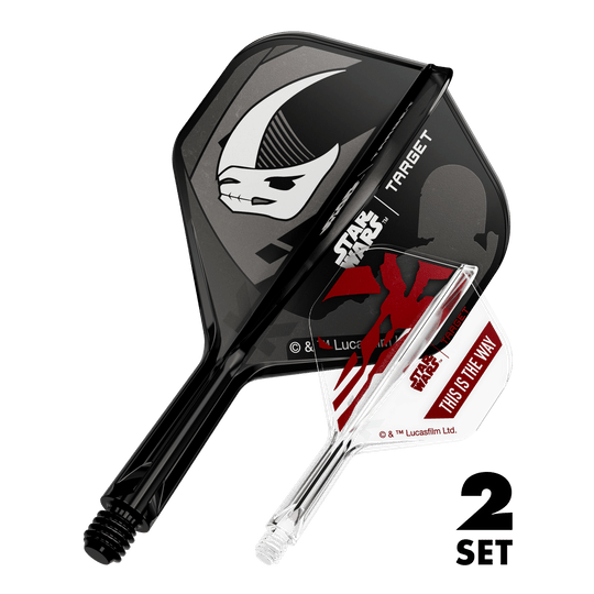 Zu sehen sind zwei Dart-Flights im Mandalorianer-Design aus Star Wars. Dies ist das Set 'K-Flex Mandalorian 2PackSet No2 Standard Flights' mit 19mm.