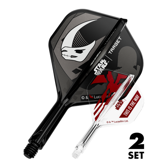 Set Target Star Wars K-Flex Mandalorian No2 Vuelos estándar Zu sehen sind zwei Dart-Flights im Mandalorianer-Design aus Star Wars. Dies ist das Set 'K-Flex Mandalorian 2PackSet No2 Standard Flights' mit 19mm.