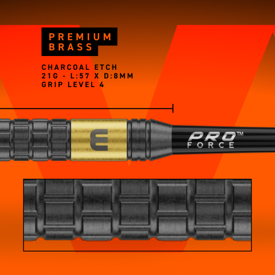 Dardos de acero Winmau Gian Van Veen Core Brass - 21 g Dieses Bild zeigt Winmau Gian Van Veen Core Brass Steeldarts mit einem Gewicht von 21 Gramm. Die Steeldarts werden aus einer nahen Perspektive fotografiert.