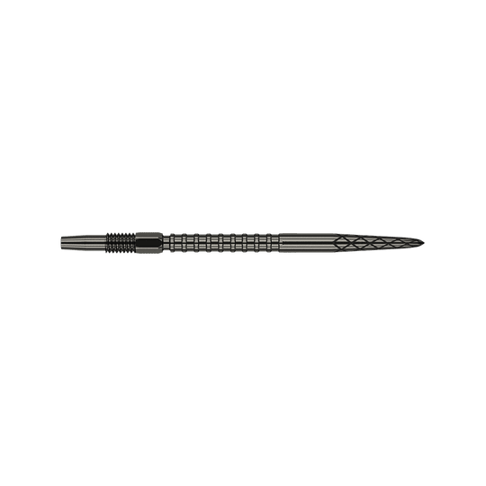 Puntas de dardo Target Swiss DS Surge Point - Negro Das Bild zeigt eine schwarze Dartspitze mit geriffelten und eingekerbten Mustern. Die Spitze ist 35 mm lang und hat ein elegantes, technisches Design.