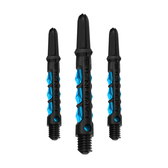 HR411_Harrows_Carbon_ST_Shafts_Aqua_40mm_14dmabHsPYm1me Das Bild zeigt drei Harrows Carbon ST Shafts in der Farbe Aqua. Die Dartschäfte sind schwarz mit blauen Akzenten und haben ein modernes Design.