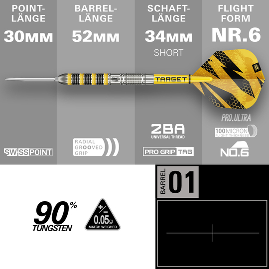 Dardos de acero Target Buzz 01 Swiss Points Das Bild zeigt die Target Buzz 01 Swiss Points Steeldarts. Die Darts sind speziell für Präzision und Leistung entworfen.