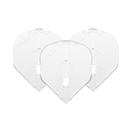 L-Style KAMI L1PRO Flights Das Bild zeigt drei weiße Dart-Flights, die nebeneinander angeordnet sind. Auf jedem Flight ist das Wort "L-style" eingraviert.