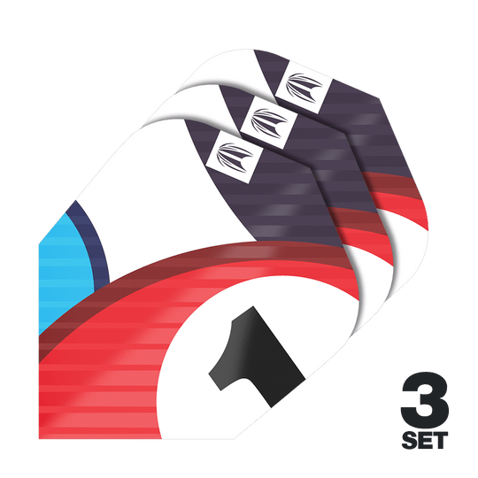Plumas Target Pro Ultra Chicane Blue Ten-X - 3 juegos Das Bild zeigt drei Sets der Target Pro Ultra Chicane Blue Ten-X Flights. Die Flights haben ein farbenfrohes Design mit Rot, Blau, Weiß und Schwarz sowie einer Nummer 1.