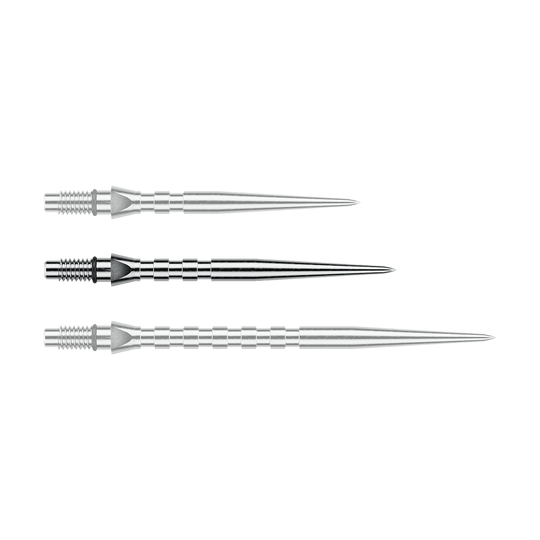 Abgebildet ist eine einzelne Winmau Switch Point Groove Steeldartspitze mit 30mm Länge in silberner Optik. Die Spitze ist schmal und gerillt für besseren Halt.