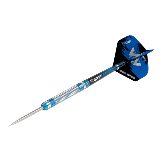 Dardos de acero Bulls Jermaine Wattimena Generation 3 Das Bild zeigt einen Steeldartpfeil mit silber-blauer Riffelung am Barrel. Auf dem Flight steht „Jermaine Wattimena“ und er ist mit dem Produktnamen „Bulls Jermaine Wattimena Generation 3 Steeldarts“ versehen.