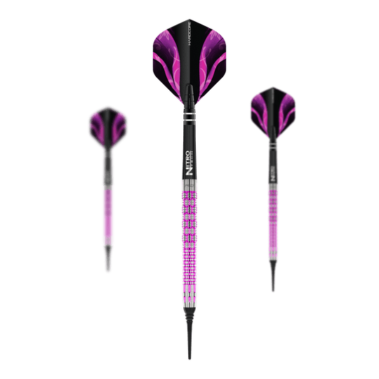 Dardos blandos Red Dragon Tyrian - 22 g Das Bild zeigt drei Red Dragon Tyrian Softdarts mit einem Gewicht von 22g. Die Darts sind hauptsächlich lila und schwarz gestaltet und haben auffällige Muster auf den Flights.