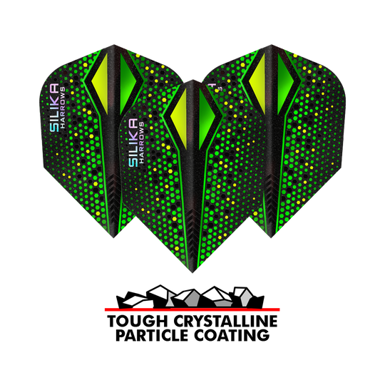 Plumas Harrows Silika Colorshift con revestimiento cristalino resistente Green-X No6 Das Bild zeigt drei grüne Harrows Silika Colourshift Tough Crystalline Coating No6 Flights für Darts. Unten befindet sich ein Logo mit der Aufschrift „Tough Crystalline Particle Coating“.