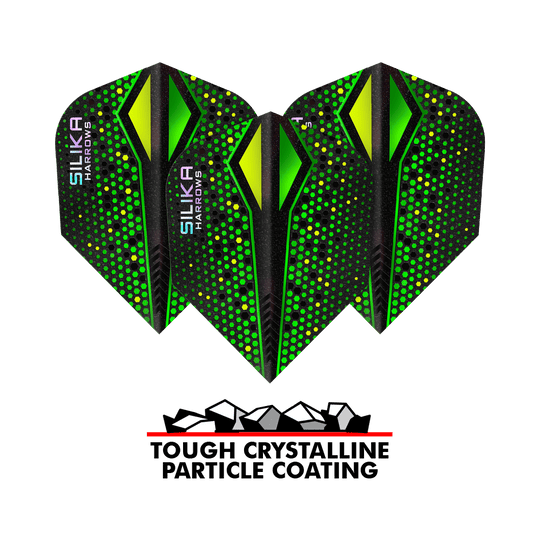Plumas Harrows Silika Colorshift con revestimiento cristalino resistente Green-X No6 Im Bild erkennbar sind die Harrows Silika Colourshift Tough Crystalline Coating Green-X No6 Flights. Auffällige Muster sind sichtbar.