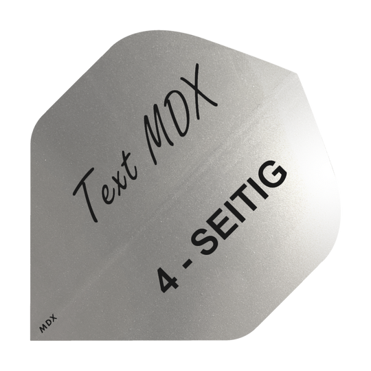 10 juegos de plumas metálicas impresas a 4 caras - texto personalizado - MDX Standard Das Bild zeigt einen silbernen Dartflight mit der Aufschrift "Text MDX" und "4-SEITIG". Der Flight hat eine metallische Oberfläche und eine spezielle Form.