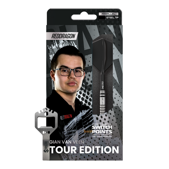 Dardos de acero Red Dragon Gian Van Veen Tour Edition Switch Point - 21 g Das Bild zeigt die Red Dragon Gian Van Veen Tour Edition Switch Point Steeldarts - 21g. Die Darts haben ein modernes und robustes Design.