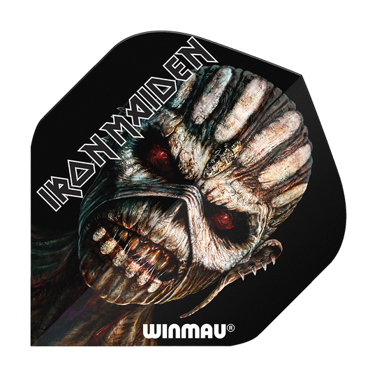 6905-239_Winmau_Iron_Maiden_Book_Of_Souls_Standard_Flights_1 Das Bild zeigt ein Dartflight mit dem Motiv des Iron Maiden Albums "The Book of Souls". Oben steht "IRON MAIDEN" und unten ist das Winmau-Logo abgebildet.