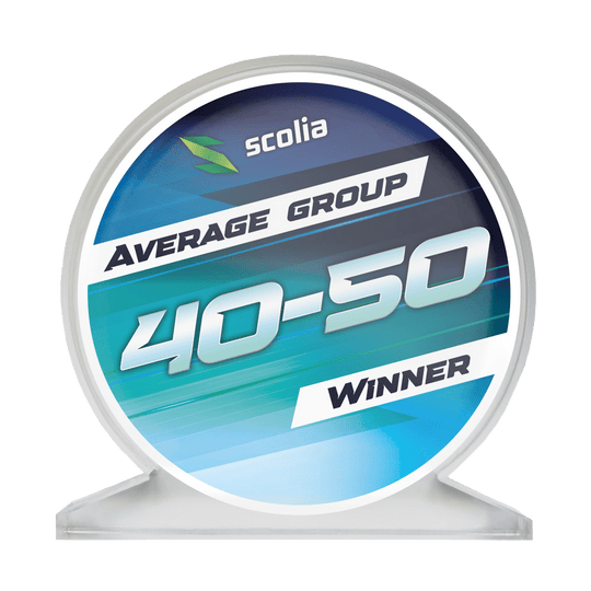 Trofeo de vidrio acrílico Scolia - Ganador Acrylglaspokal mit der Aufschrift 'Average 40-50' ist abgebildet. Der Pokal hat eine klare, rechteckige Form.