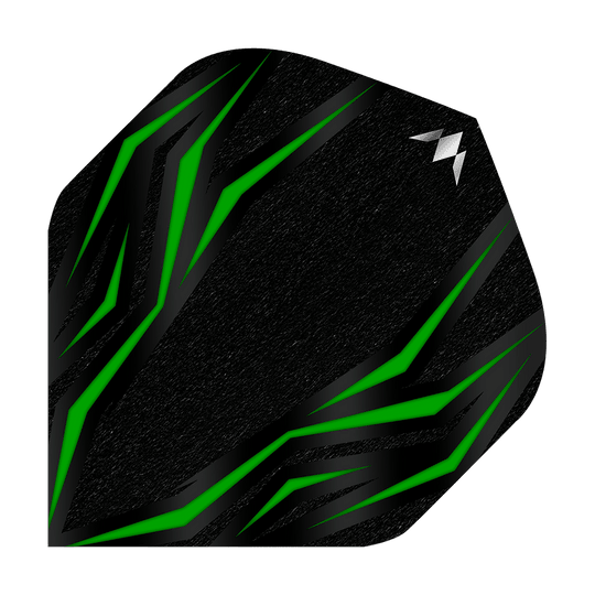 Misión Lava Verde N°2 Vuelos Estándar Das Bild zeigt einen schwarzen Dartflight mit grünen, diagonalen Linien. In der oberen rechten Ecke befindet sich ein kleines, silbernes Logo.