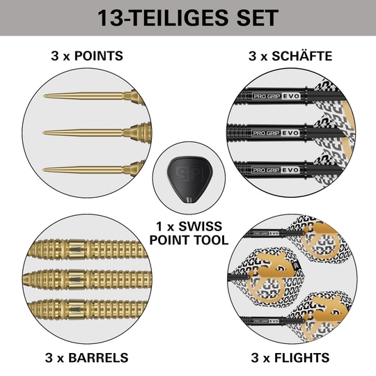 Dardos de acero Target Bolide Envy 03 Swiss Point Target Bolide Envy 03 Swiss Point Steeldarts, abgebildet auf dem Produktbild. Es handelt sich um Steeldarts mit Swiss Point System.