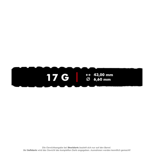 Dardos blandos McDart 85 Tungsten V20 - 17 g Das Bild zeigt die Produktangaben für die McDart 85er Tungsten V20 Softdarts mit einem Gewicht von 17 Gramm. Die Darts sind 43,00 mm lang und haben einen Durchmesser von 6,60 mm.