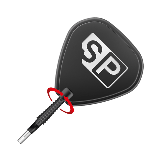 Puntas de dardos Target Swiss Storm LNC - Negras Das Bild zeigt eine schwarze Dartspitze mit dem weißen „SP“-Logo darauf. Die Spitze ist schräg platziert und durch einen roten Pfeil hervorgehoben.