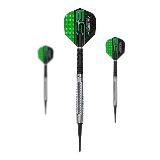 Dardos suaves cónicos Harrows Dimplex S3 Das Bild zeigt drei Softdarts mit silbernen Spitzen und grün-schwarzen Flights. Auf den Flights steht der Produktname "Harrows Dimplex S3".
