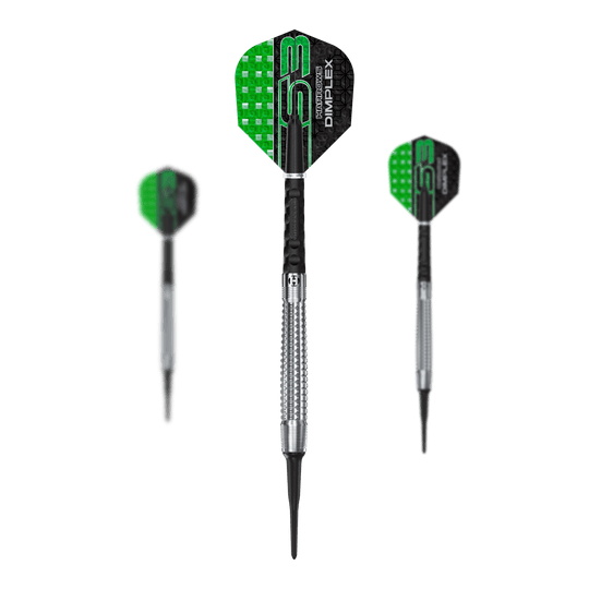Dardos suaves cónicos Harrows Dimplex S3 Das Set Harrows Dimplex S3 Tapered Softdarts wird gezeigt. Die Darts haben ein spezielles Griffdesign.