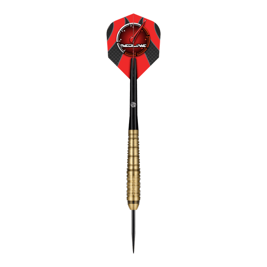 Dardos de acero Shot Redline Mach 1 Das Bild zeigt einen Steeldartpfeil mit goldfarbenem Griff und schwarzer Spitze. Die Dartflügel sind rot-schwarz gestaltet und tragen das "Redline"-Logo.