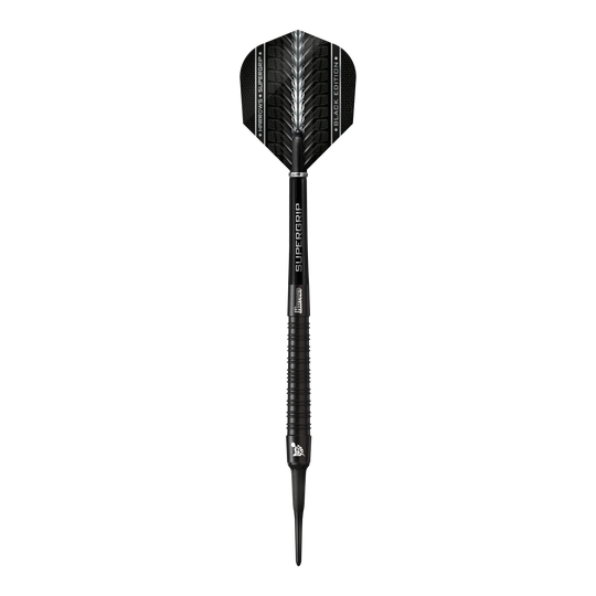 Dardos blandos Harrows Supergrip Black Edition Das Bild zeigt einen Harrows Supergrip Black-Edition Softdart. Der Dart ist komplett in Schwarz gehalten und hat ein modernes, elegantes Design.