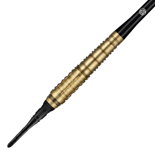 Dardos blandos Shot Redline Mach 1 - 20 g Auf dem Bild ist ein Shot Redline Mach 1 Softdart mit einem Gewicht von 20g zu sehen. Der Dartpfeil hat einen goldfarbenen, geriffelten Griff und eine schwarze Spitze.