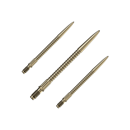 Puntas de dardo Mission R2.5 Rapid Point GV1 - Oro Das Bild zeigt Dartspitzen in goldener Farbe der Marke Mission R25 Rapid Point. Die Spitzen sind 35mm lang und werden als Set angeboten.