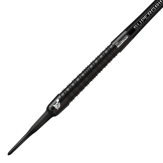 Dardos blandos Harrows Supergrip Black Edition Das Bild zeigt einen Harrows Supergrip Black-Edition Softdart. Der Dart ist komplett schwarz und hat eine strukturierte Griffoberfläche.