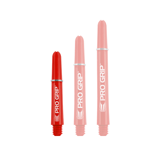Varillas Target Pro Grip - 3 juegos - Rojas Das Bild zeigt drei rote Dart-Schäfte mit der Aufschrift „PRO GRIP“. Sie stehen nebeneinander und haben unterschiedliche Längen.