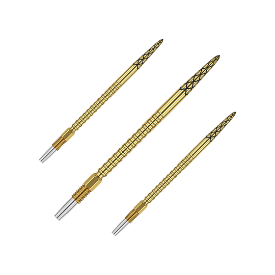 Puntas de dardos Target Swiss DS Surge Point - Doradas Das Bild zeigt drei goldene Dartspitzen mit feinen Rillen und schwarzen Mustern. Sie sind schlank und haben silberne Spitzen am Ende.