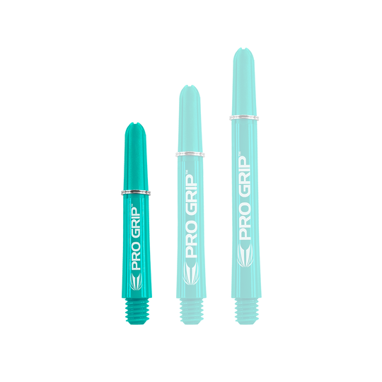 Varillas Target Pro Grip - 3 juegos - Aqua Auf dem Bild sind drei türkisfarbene "PRO GRIP" Schäfte in verschiedenen Längen zu sehen. Sie stehen nebeneinander und haben alle den gleichen Aufdruck und das gleiche Design.