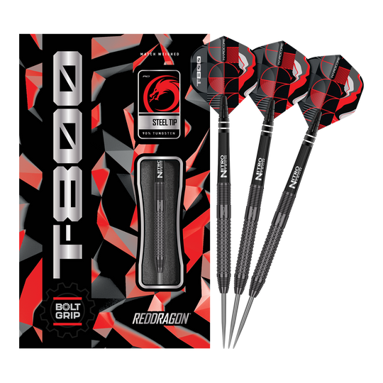 Dardos de acero Red Dragon T-800 Das Bild zeigt die Red Dragon T-800 Steeldarts und ihre Verpackung. Die Darts haben ein schwarzes Design mit roten und silbernen Akzenten.
