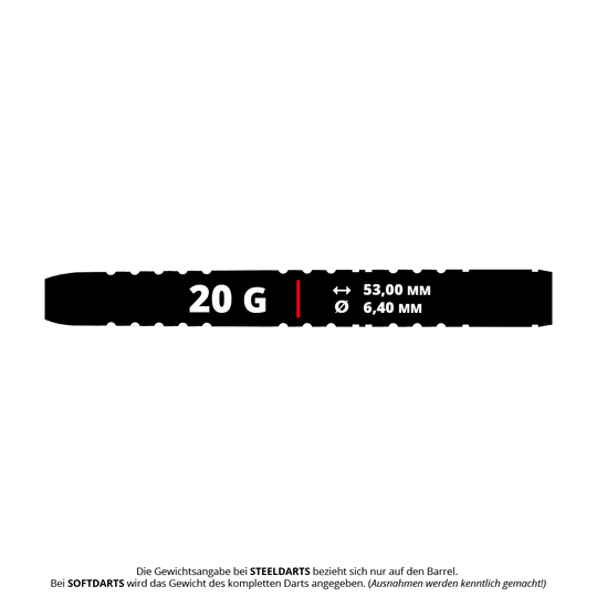Dardos blandos Winmau Michael Van Gerwen Evo-X - 20g Das Bild zeigt die Maße und das Gewicht des Winmau Michael Van Gerwen Evo-X Softdarts mit 20 Gramm. Der Dart ist 53,00 mm lang und hat einen Durchmesser von 6,40 mm.