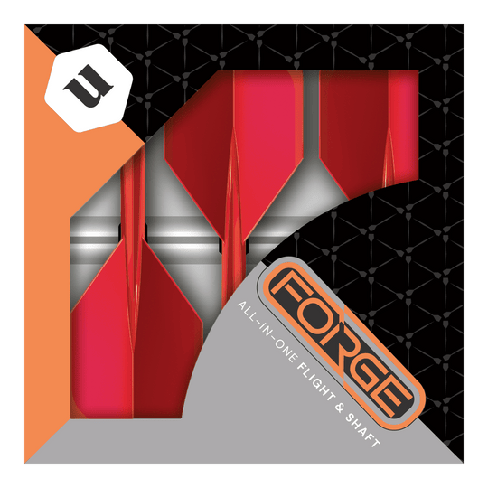 Das Bild zeigt eine Packung mit roten Unicorn Forge All In One Plus No2 Standard Flights in mittlerer Größe. Die Verpackung ist schwarz und orange mit dem Schriftzug "FORGE" und "ALL-IN-ONE FLIGHT & SHAFT".