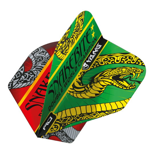 Vuelos estándar Red Dragon Peter Wright Snakebite Red Green Yin Yang Das Bild zeigt die Dart-Flights "Red Dragon Peter Wright Snakebite Red Green Yin Yang Standard Flights." Die Flights sind farbenfroh gestaltet und zeigen einen auffälligen Schlangen-Grafik sowie den Schriftzug "Snakebite."