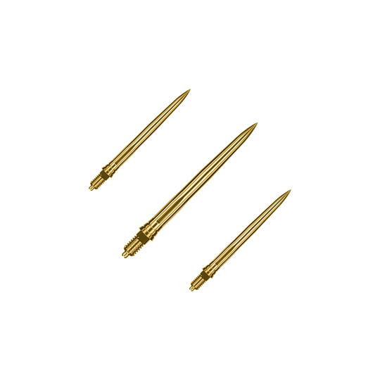 Puntas de dardo Caliburn EZ-EVO - Suaves - Doradas Dieses Bild zeigt ein Set goldener Dartspitzen mit glatter Oberfläche, vermutlich 28mm lang. Die Spitzen sind von der Marke Caliburn EZ-EVO.