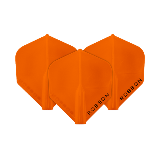 Plumas Robson Plus - Estándar Das Bild zeigt drei orangefarbene Dartflights. Auf jedem Flight steht das Wort "ROBSON" geschrieben.