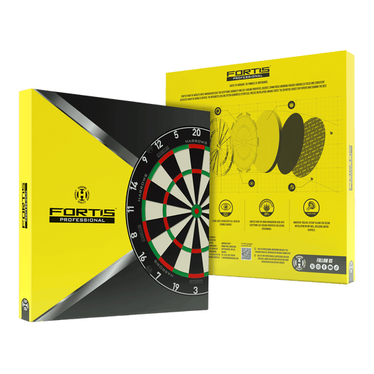 Das Bild zeigt das Produkt Harrows Fortis Steeldartboard. Es handelt sich um ein hochwertiges Dartboard für Steeldarts.
