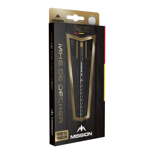 Die Verpackung zeigt die Mission Mike De Decker MDD Black Gold Steeldarts. Auf der Vorderseite steht, dass die Darts zu 95% aus Tungsten bestehen.