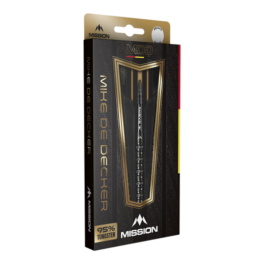 Misión Mike De Decker MDD Black Gold Steeldarts Die Verpackung zeigt die Mission Mike De Decker MDD Black Gold Steeldarts. Auf der Vorderseite steht, dass die Darts zu 95% aus Tungsten bestehen.