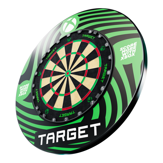 Das Target Xbox Dartboard Surround Bundle ist auf dem Bild dargestellt. Es enthält alles für ein optimales Dart-Erlebnis.
