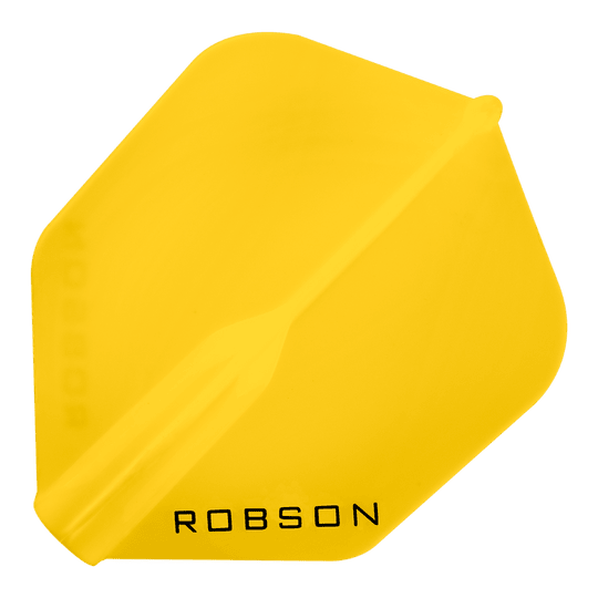 Das Bild zeigt ein gelbes Dartflight mit der Aufschrift "ROBSON". Das Flight hat eine klassische, leicht abgerundete Form.
