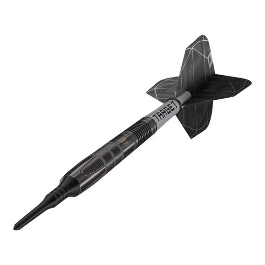 Dardos blandos Target Nathan Aspinall X Echo - 18 g Das Bild zeigt den Softdart „Target Nathan Aspinall X Echo“ mit einem Gewicht von 18 Gramm. Der Dartpfeil ist schwarz und hat ein modernes, geriffeltes Design mit der Aufschrift "TARGET" auf dem Schaft.