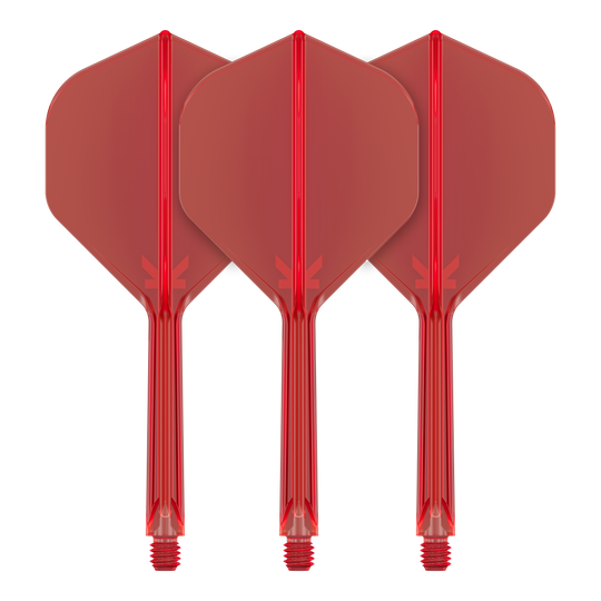 Sistema de vuelo estándar Target K-Flex No2 - Rojo Auf dem Bild sind drei rote Dartflights mit Schäften zu sehen. Sie sind nebeneinander ausgerichtet und haben eine standardmäßige Pfeilform.