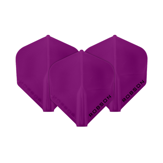 Plumas Robson Plus - Estándar Das Bild zeigt drei violette Dartflights der Marke Robson. Auf jedem Flight steht das Wort "ROBSON" in schwarzer Schrift.
