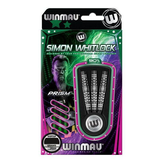 Dardos suaves con agarre atomizado Winmau Simon Whitlock Das Bild zeigt eine Verpackung der "Winmau Simon Whitlock Atomised Grip Softdarts". Drei Darts mit speziellem Griffdesign sind in einer auffälligen, bunten Box zu sehen.