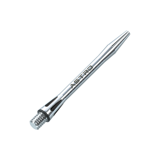 7012-201_Winmau_Astro_Aluminium_Shafts_Schwarz_46mm_2 Das Bild zeigt einen Winmau Astro Aluminium Schaft in der Farbe Schwarz. Der Schaft hat einen schlanken, silbernen Look mit dem Schriftzug "ASTRO" darauf.