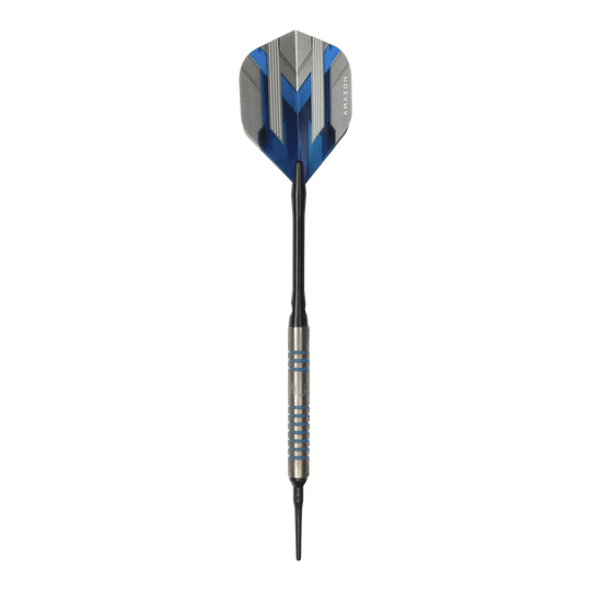 Dardos blandos McDart 85 Tungsten V1 - 17 g Dies ist ein McDart 85er Tungsten V1 Softdart mit einem Gewicht von 17g. Der Dart hat blaue und silberne Akzente und eine schwarze Spitze.