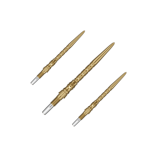 Puntas de dardo de acero Target Signature Swiss Point TRB - doradas Ein Set von Target SwissPoint Signature TRB Dartspitzen in Gold mit 30mm Länge ist zu sehen. Die Dartspitzen sind ordentlich angeordnet.
