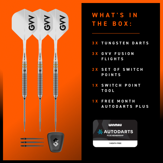 Dardos de acero Winmau Gian Van Veen W-MAX Switch Point Die Winmau Gian Van Veen W-MAX Switch Point Steeldarts sind hier von der Seite zu sehen. Die Darts liegen auf einer hellen Oberfläche.